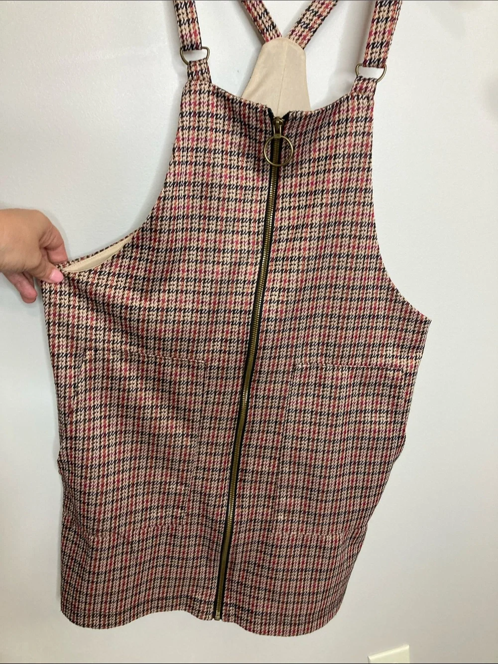 allison & kelly Plaid Pinafore Dress in Beige, Tan, Red, and Black, Size Large